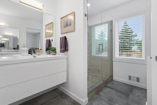 1300 Earle Way, Burnsville, MN 55306 - bathroom with finished concrete flooring, a stall shower, and vanity