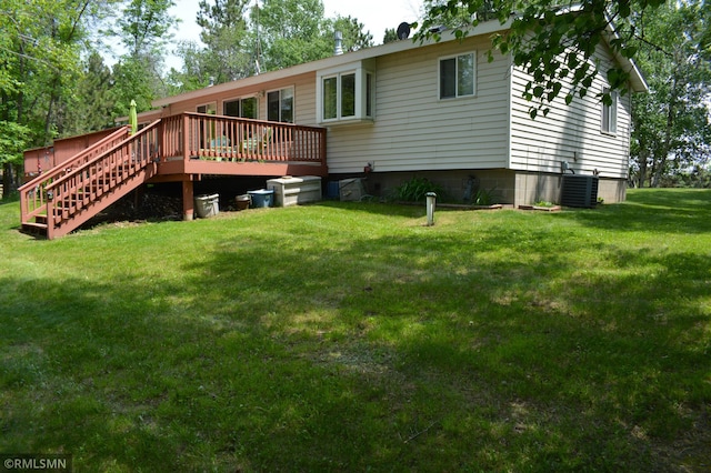 31145 409th Pl, Aitkin, MN 56431 - back of property featuring a wooden deck, a yard, and stairs