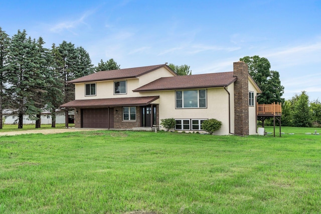 17323 County 31st Blvd, Welch Twp, MN 55089 - tri-level home featuring a chimney, dirt driveway, an attached garage, a front yard, and stucco siding