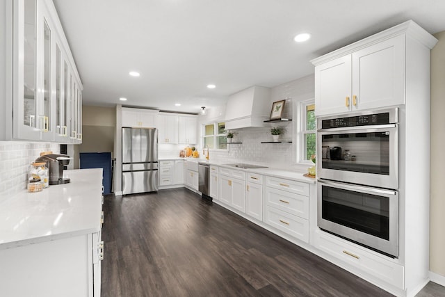 17323 County 31st Blvd, Welch Twp, MN 55089 - kitchen with stainless steel appliances, backsplash, white cabinetry, dark wood-type flooring, and recessed lighting