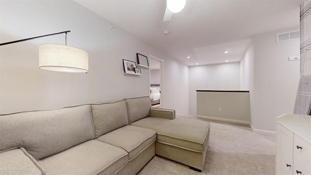 6775 Bluestem Way, Minnetrista, MN 55331 - living room featuring light colored carpet, a ceiling fan, recessed lighting, and baseboards