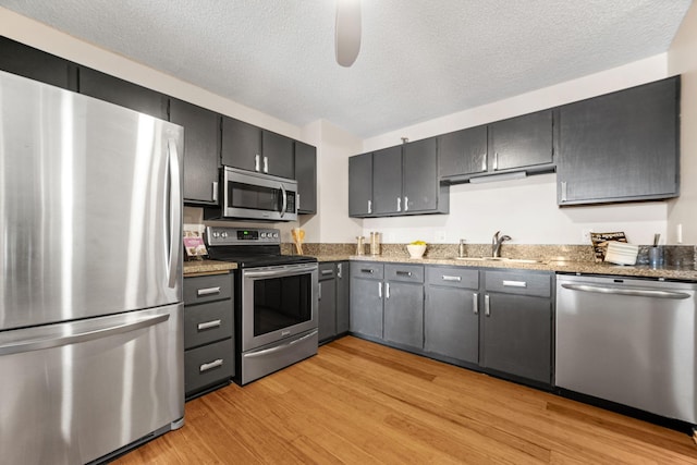 26 10th St W Unit 706, Saint Paul, MN 55102 - kitchen featuring appliances with stainless steel finishes, a sink, light wood-style flooring, stone counters, and a textured ceiling
