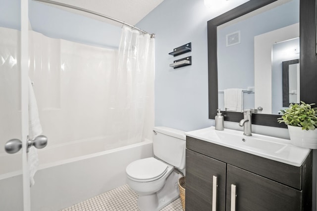 26 10th St W Unit 706, Saint Paul, MN 55102 - bathroom featuring toilet, vanity, shower / tub combo with curtain, and tile patterned flooring