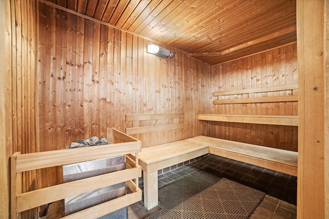 26 10th St W Unit 706, Saint Paul, MN 55102 - relaxing sauna / steam room with wooden walls, wood ceiling, and tile patterned flooring