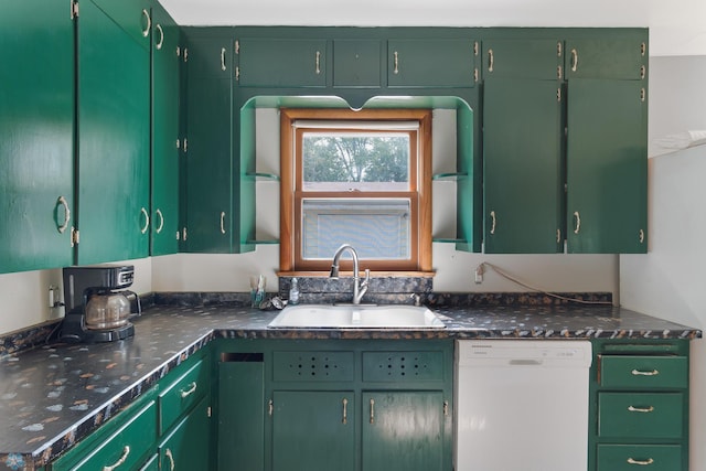 709 9th St, Hawley, MN 56549 - kitchen featuring white dishwasher, a sink, and dark countertops
