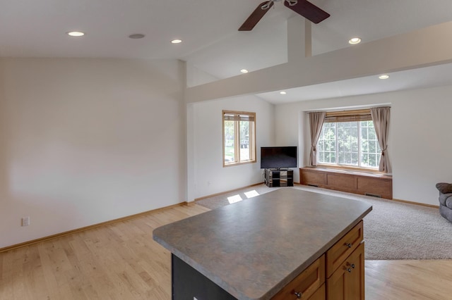 217 Hickory Ln E, Shakopee, MN 55379 - living room featuring ceiling fan, lofted ceiling, light wood-type flooring, recessed lighting, and baseboards