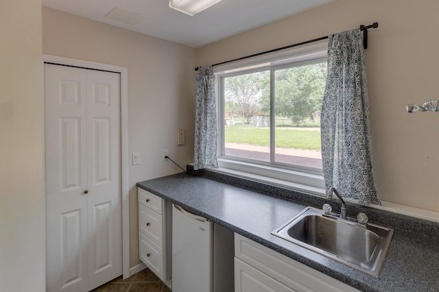 217 Hickory Ln E, Shakopee, MN 55379 - kitchen featuring white dishwasher, dark countertops, a sink, white cabinets, and dark tile patterned flooring