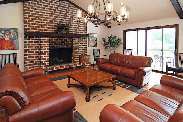 6050 Blake Ridge Rd, Edina, MN 55436 - living area with a chandelier and a brick fireplace