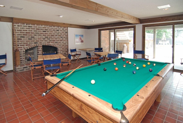 6050 Blake Ridge Rd, Edina, MN 55436 - rec room with a fireplace, beamed ceiling, billiards table, tile patterned flooring, and recessed lighting