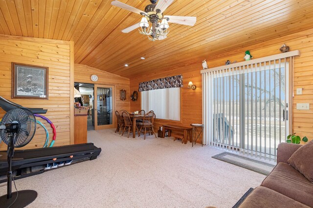 6200 37th St W, Webster, MN 55088 - exercise area with wooden walls, lofted ceiling, a ceiling fan, carpet floors, and wooden ceiling