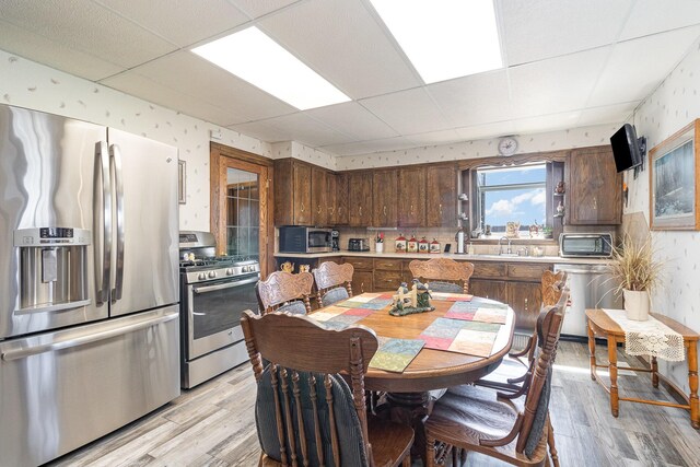 6200 37th St W, Webster, MN 55088 - kitchen featuring stainless steel appliances, a paneled ceiling, light wood-type flooring, light countertops, and dark brown cabinets