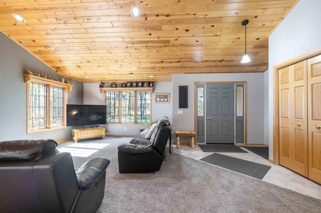 12584 County 18 SW, Brainerd, MN 56401 - carpeted living area featuring wooden ceiling, baseboards, and tile patterned floors