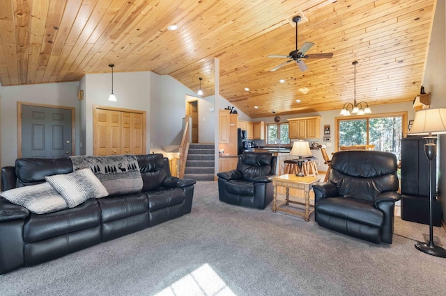 12584 County 18 SW, Brainerd, MN 56401 - living area with carpet, lofted ceiling, wood ceiling, a ceiling fan, and stairs