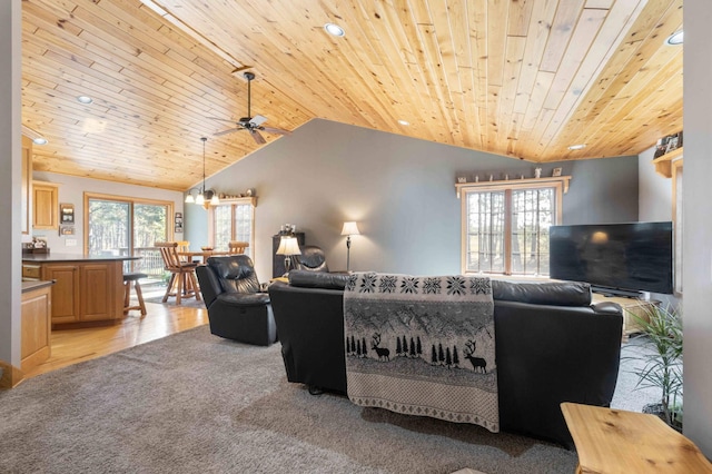 12584 County 18 SW, Brainerd, MN 56401 - living room with vaulted ceiling, wood ceiling, ceiling fan, recessed lighting, and light carpet