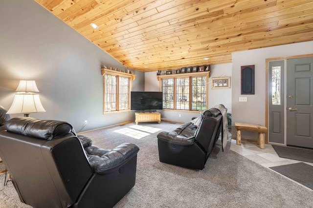 12584 County 18 SW, Brainerd, MN 56401 - carpeted living room featuring wood ceiling, lofted ceiling, and baseboards