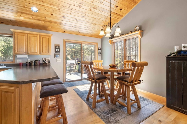 12584 County 18 SW, Brainerd, MN 56401 - dining space featuring wooden ceiling, healthy amount of natural light, a chandelier, vaulted ceiling, and light wood finished floors
