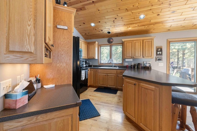 12584 County 18 SW, Brainerd, MN 56401 - kitchen with dark countertops, a breakfast bar area, a sink, light wood-style flooring, and a peninsula