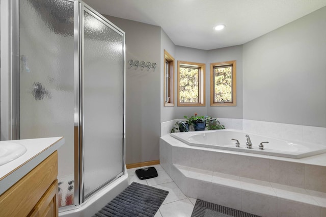 12584 County 18 SW, Brainerd, MN 56401 - full bathroom with a stall shower, a garden tub, tile patterned flooring, and vanity