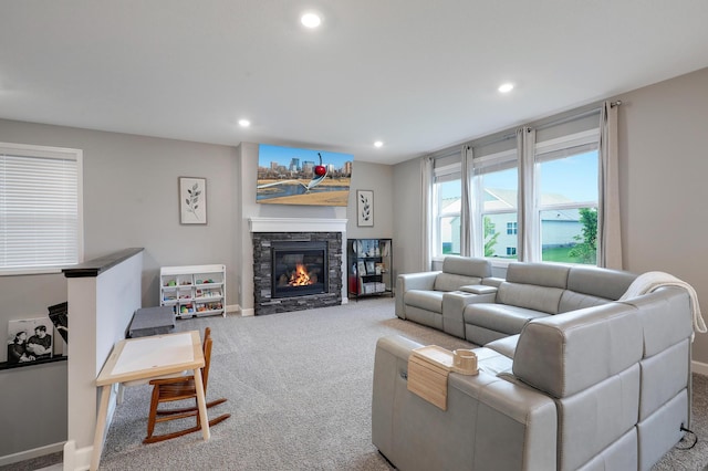 6645 91st St S, Cottage Grove, MN 55016 - carpeted living room featuring recessed lighting, a fireplace, and baseboards