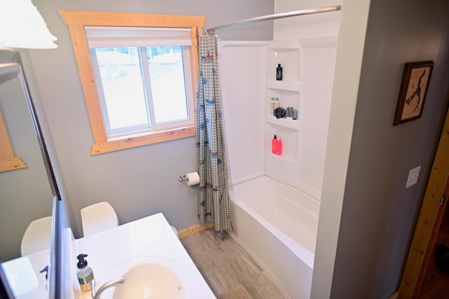 1874 Hidden Valley Ln NW, Leaf Valley Twp, MN 56354 - full bath with wood finished floors, shower / bath combination with curtain, and vanity