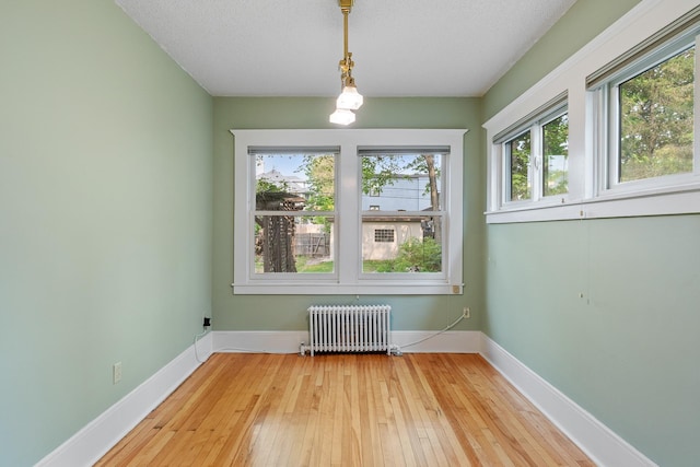 2505 Pleasant Ave, Minneapolis, MN 55404 - unfurnished dining area featuring radiator, plenty of natural light, light wood-style flooring, baseboards, and a textured ceiling