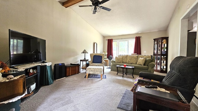 111 10th Ave SE, Elbow Lake, MN 56531 - carpeted living room with beamed ceiling, ceiling fan, and high vaulted ceiling