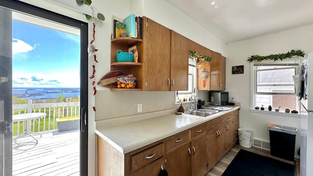 2212 Springvale Ct, Duluth, MN 55811 - kitchen with a sink, light countertops, open shelves, light wood finished floors, and brown cabinetry