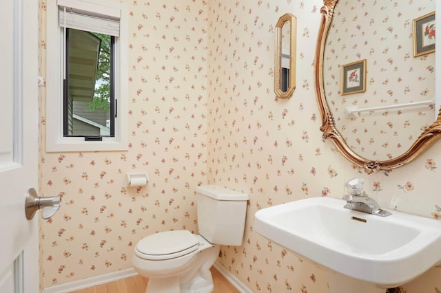 1366 140th Ln NW, Andover, MN 55304 - bathroom with wallpapered walls, toilet, a sink, baseboards, and wood finished floors