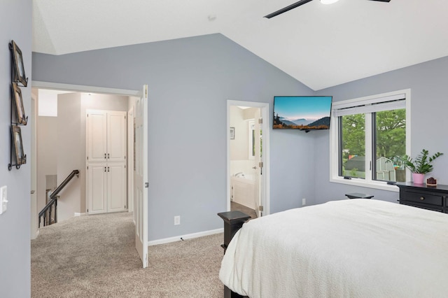 1366 140th Ln NW, Andover, MN 55304 - bedroom featuring vaulted ceiling, light colored carpet, baseboards, connected bathroom, and ceiling fan