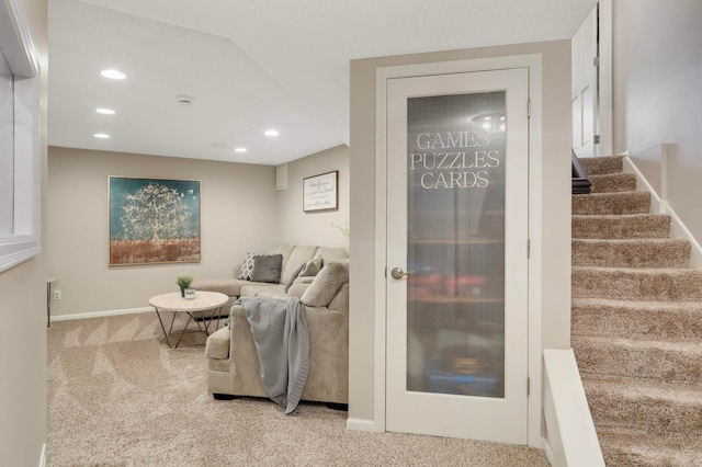 1366 140th Ln NW, Andover, MN 55304 - living room featuring carpet, recessed lighting, baseboards, and stairs