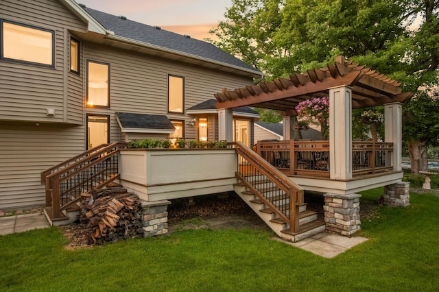 1366 140th Ln NW, Andover, MN 55304 - back of house at dusk with stairway, a wooden deck, a yard, a pergola, and roof with shingles