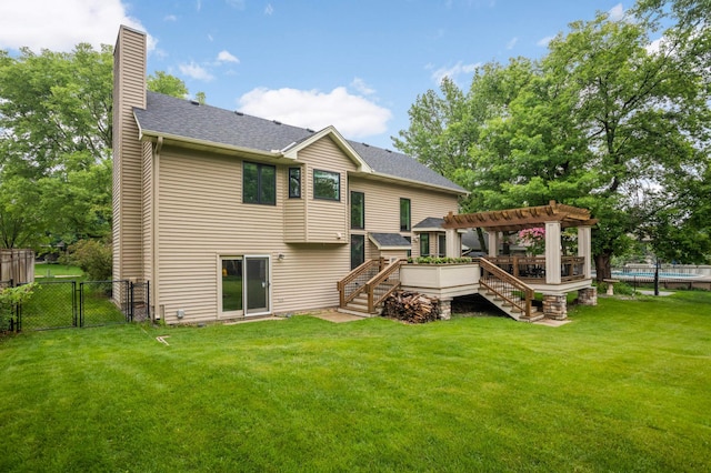 1366 140th Ln NW, Andover, MN 55304 - back of house featuring a gate, stairs, a pergola, a chimney, and roof with shingles