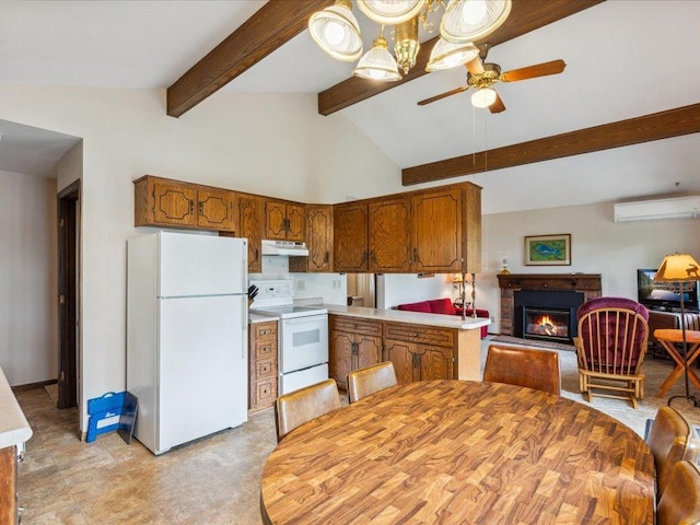 1474 Shamineau Dr, Motley, MN 56466 - kitchen featuring white appliances, a wall mounted AC, under cabinet range hood, ceiling fan, and brown cabinets