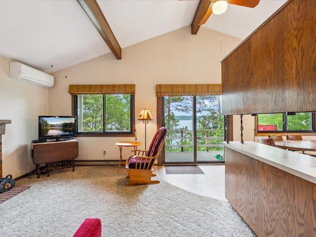 1474 Shamineau Dr, Motley, MN 56466 - living area with a wall mounted AC, beamed ceiling, a ceiling fan, plenty of natural light, and carpet