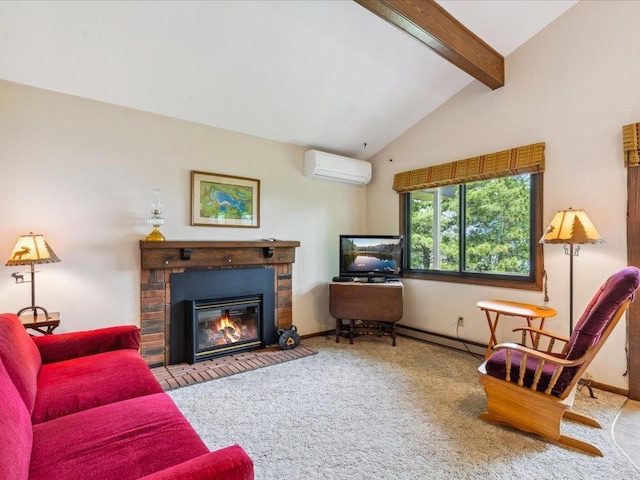 1474 Shamineau Dr, Motley, MN 56466 - living area with a wall mounted AC, carpet flooring, and a fireplace
