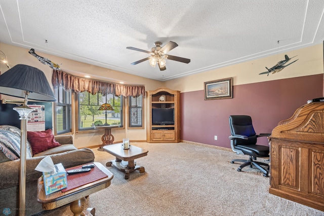 18000 10th St SW, Hawley, MN 56549 - living room featuring a textured ceiling, ceiling fan, carpet flooring, and baseboards