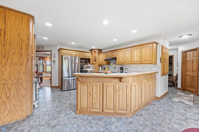 18000 10th St SW, Hawley, MN 56549 - kitchen with freestanding refrigerator, black microwave, light countertops, baseboards, and recessed lighting