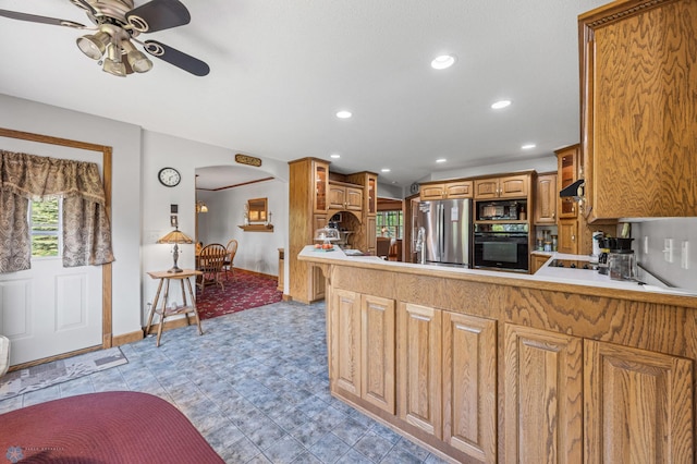 18000 10th St SW, Hawley, MN 56549 - kitchen featuring black appliances, ceiling fan, extractor fan, recessed lighting, and a peninsula