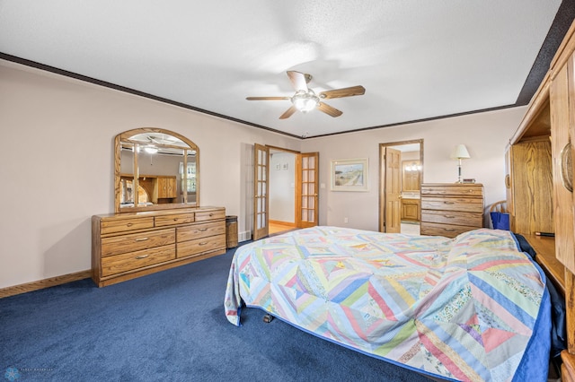 18000 10th St SW, Hawley, MN 56549 - bedroom with french doors, carpet, a ceiling fan, ornamental molding, and connected bathroom