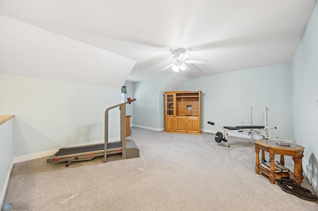 18000 10th St SW, Hawley, MN 56549 - exercise room with a ceiling fan, carpet, lofted ceiling, and baseboards