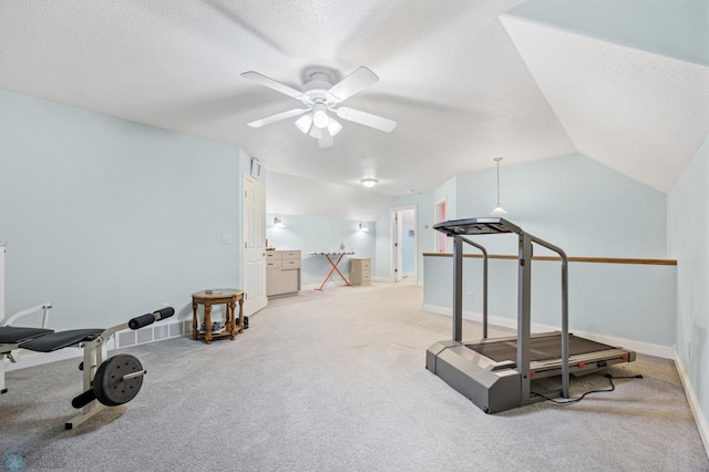 18000 10th St SW, Hawley, MN 56549 - workout room with a ceiling fan, carpet flooring, vaulted ceiling, a textured ceiling, and baseboards