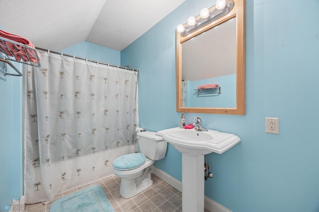 18000 10th St SW, Hawley, MN 56549 - full bathroom with toilet, vaulted ceiling, baseboards, tile patterned floors, and shower / bath combo with shower curtain