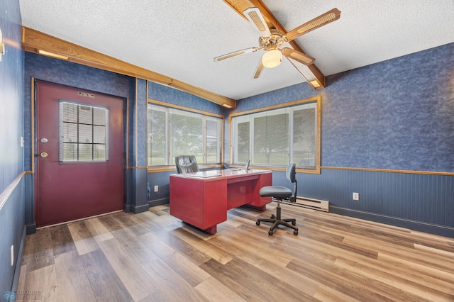 18000 10th St SW, Hawley, MN 56549 - office featuring wood finished floors, a textured ceiling, a ceiling fan, wainscoting, and a baseboard heating unit