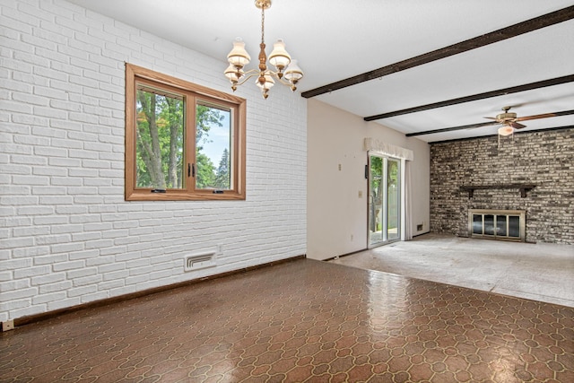 8200 77th St S, Cottage Grove, MN 55016 - unfurnished living room with brick wall, beam ceiling, a chandelier, ceiling fan, and a brick fireplace