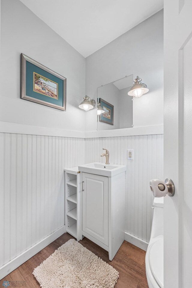1311 Joseph St, Hawley, MN 56549 - bathroom featuring wood finished floors, toilet, vanity, and a wainscoted wall