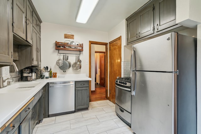 5705 36th Ave S, Minneapolis, MN 55417 - kitchen with stainless steel appliances, light countertops, backsplash, and gray cabinetry