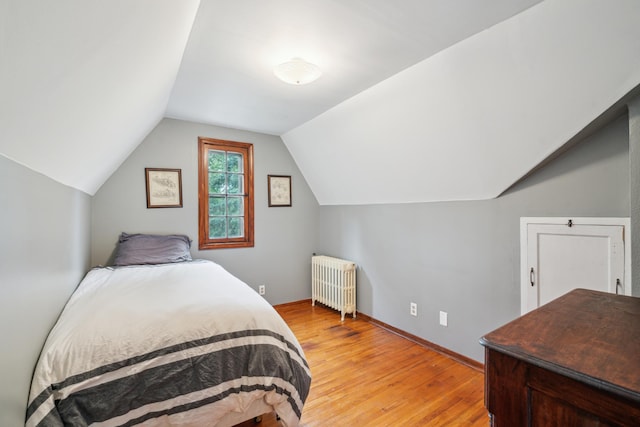 5705 36th Ave S, Minneapolis, MN 55417 - bedroom with radiator, light wood-type flooring, and vaulted ceiling