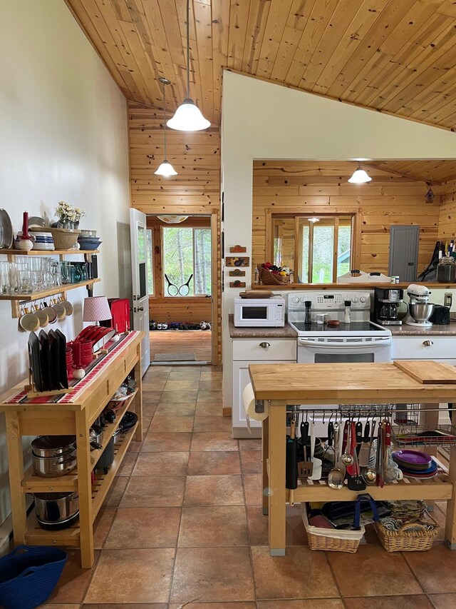 1760 Grindstone Is, International Falls, MN 56649 - kitchen featuring white appliances, wooden ceiling, lofted ceiling, electric panel, and pendant lighting