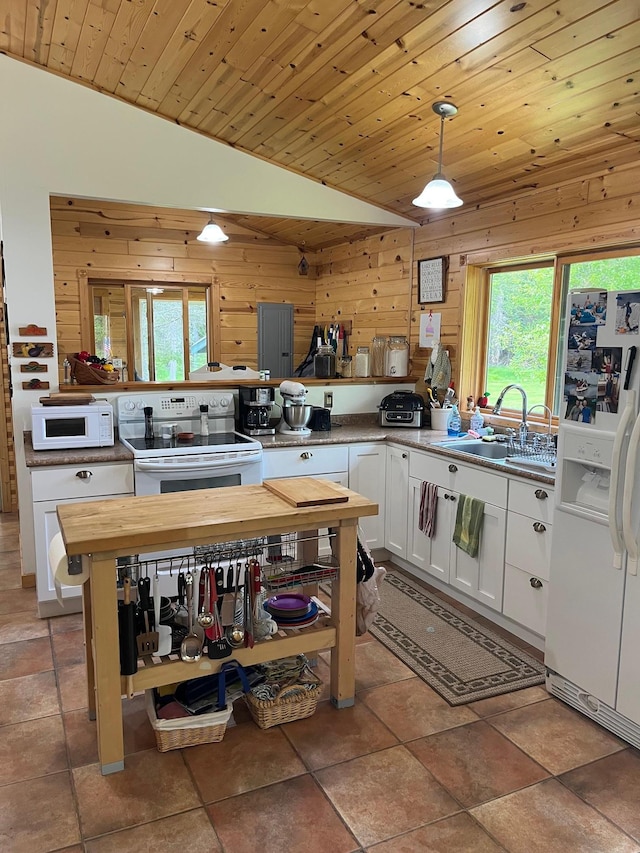 1760 Grindstone Is, International Falls, MN 56649 - kitchen with white appliances, a sink, wood counters, wood walls, and healthy amount of natural light