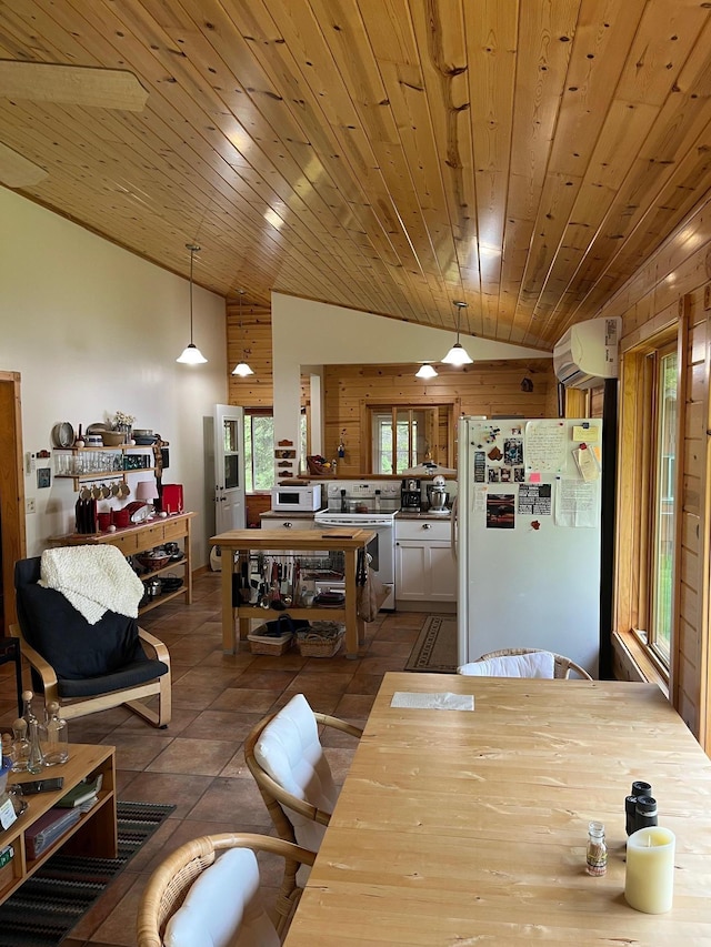1760 Grindstone Is, International Falls, MN 56649 - dining space featuring lofted ceiling, dark tile patterned flooring, wooden ceiling, and a wall unit AC